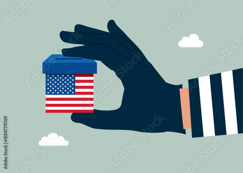 Voting in USA. Thief stealing vote, burglar with paper ballots to election box. United States of America. Vector illustration 