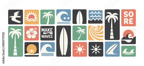 Beach and surf icon vector set featuring tropical elements such as palm trees, ocean waves, surfboards, and sun icons. Ideal for summer-themed designs, t-shirts, posters, coastal branding, logos.