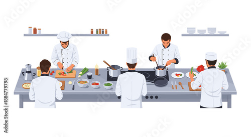 Collaborative scene of several chefs expertly preparing food at a long, organized kitchen counter, showcasing teamwork and efficiency in a professional culinary environment.