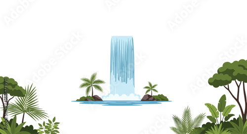Striking tall, single waterfall gracefully descending into a tranquil pool, surrounded by vibrant palm trees and lush tropical plants, creating an idyllic natural landscape.
