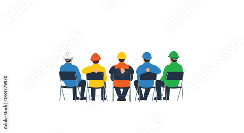 Five construction workers in colorful hard hats, viewed from behind, seated in chairs, representing a team meeting or a group taking a well-deserved rest.