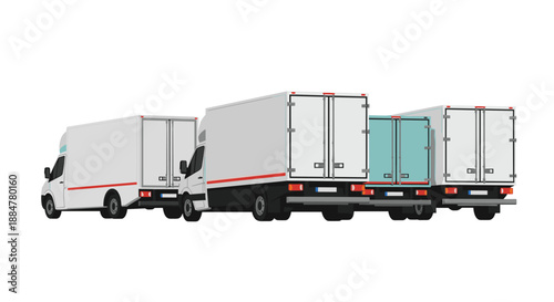 Several commercial delivery trucks parked in a row, featuring white and light blue vehicles, showcasing a modern fleet ready for efficient logistics and transportation services.