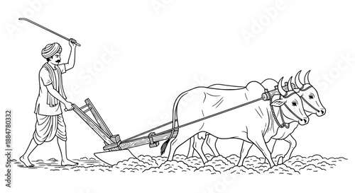 Farmer plowing field with oxen illustration
