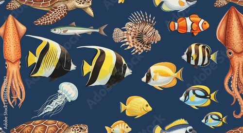 Diverse marine life including fish, squid, and turtles in a vibrant underwater scene.