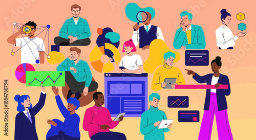 Diverse professionals collaborating in a modern office environment with digital devices and data visualizations from various viewpoints