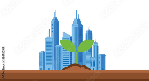 Resilient green seedling emerging from the fertile ground in front of a towering blue city skyline, representing hope for urban sustainability, environmental regeneration, and future growth.
