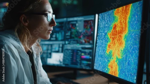Medium shot of a scientist interacting with AI models on a computer screen using predictive algorithms to forecast potential wildfire outbreaks