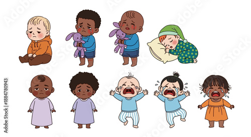 Diverse children expressing various emotions and actions, showcasing feelings of joy, sadness, and comfort in a simple illustration style