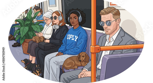 Diverse group of people sitting together on a bus with their pets in a relaxed atmosphere
