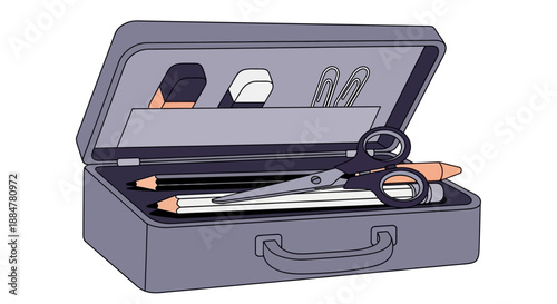 Pencil case open revealing stationery and art supplies inside on a simple background