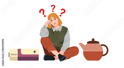 A puzzled woman sitting on the floor with a tea pot nearby and a book beside her, lost in thought