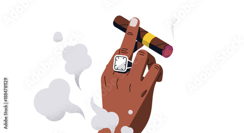 Hand holding a lit cigar with smoke rising from fingers adorned with a ring, an illustration of luxury and relaxation