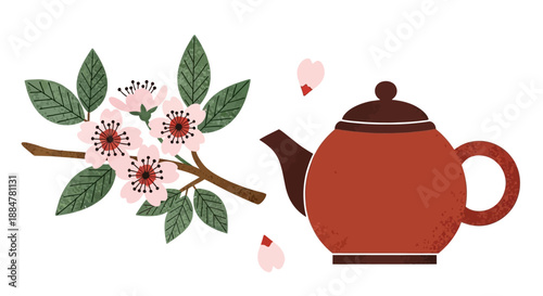 A serene illustration of a teapot surrounded by cherry blossoms, evoking a peaceful atmosphere from a frontal viewpoint