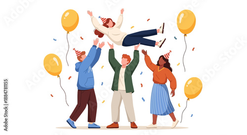 Group of people celebrating a joyful moment together, lifting a person in the air amidst balloons and confetti