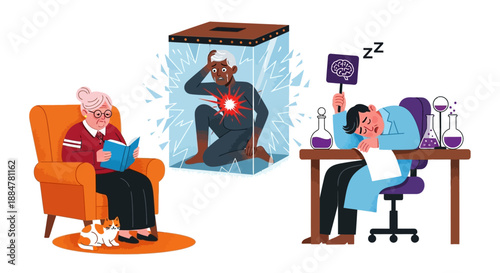 Man experiencing back pain emerges from box while woman relaxes nearby, illustration of discomfort and tranquility