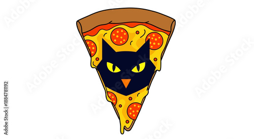 A cartoon black cat face on a slice of pizza with pepperoni on a white background from a front viewpoint