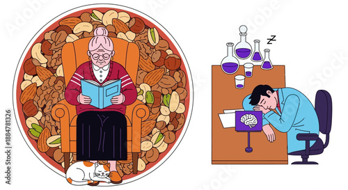 An elderly man reading a book surrounded by food in a circular frame, alongside a stressed worker at a desk with scientific equipment
