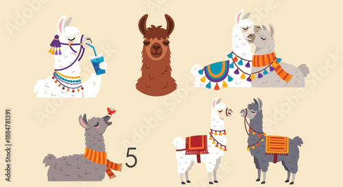 Illustrations of cartoon llamas wearing colorful blankets and scarves in various poses, showcasing different designs and vibrant patterns