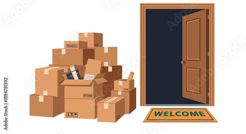 Large stack of cardboard moving boxes piled next to an inviting open wooden door with a "Welcome" mat, symbolizing new beginnings, relocation, and moving into a new home.