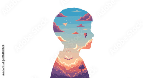 Child's silhouette filled with a whimsical, dreamy landscape of colorful clouds, hot air balloons, paper planes, and open books, symbolizing imagination, creativity, and boundless dreams.