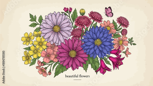 Vibrant flowers and butterfly illustration showcasing various blooms from a direct viewpoint