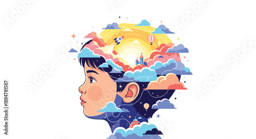 Child's profile head bursting with a vibrant and imaginative landscape of colorful clouds, a fantastical castle, and a soaring rocket, symbolizing a rich inner world of dreams and creativity.