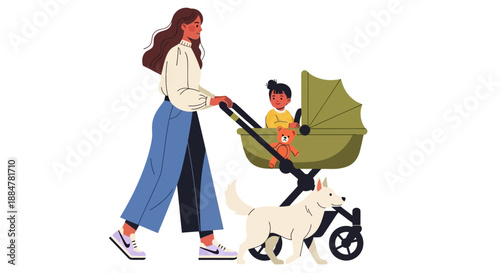 Woman walking with child in stroller and dog outside in daytime