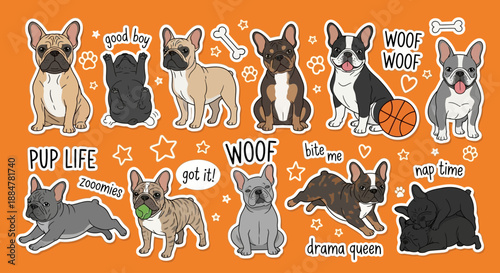 Collection of adorable French Bulldog illustrations showcasing various emotions and activities in a playful cartoon style
