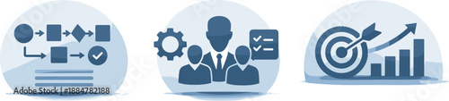 Strategic Process Icons. Operational framework depicted through mapping of steps, role responsibilities, and outcome alignment,