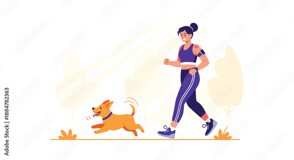 Naklejka premium Energetic woman happily jogging with her cheerful dog in a picturesque park setting, promoting a healthy lifestyle, outdoor exercise, and pet companionship.