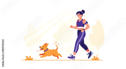 Energetic woman happily jogging with her cheerful dog in a picturesque park setting, promoting a healthy lifestyle, outdoor exercise, and pet companionship.
