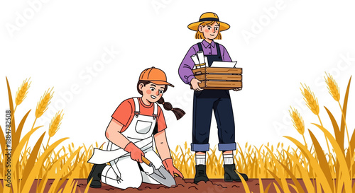 Two farmers harvesting crops in a field of golden wheat, working together, standing and kneeling, surrounded by tall plants, viewed from the side.