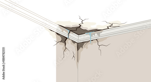 Severely cracked ceiling corner exhibiting significant water damage and visible leaks, indicating a serious structural issue and the urgent need for home repair and renovation.