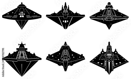 Collection of futuristic spacecraft illustrations showcasing various designs and architectural styles from different viewpoints