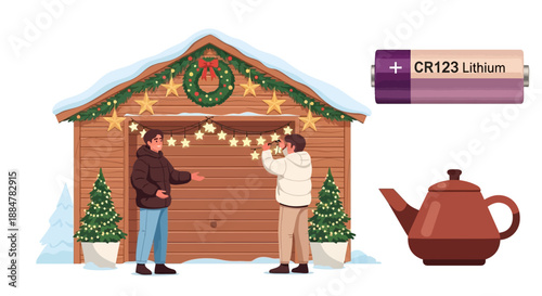 Couple decorating a festive wooden shed with Christmas lights and wreath in a snowy landscape