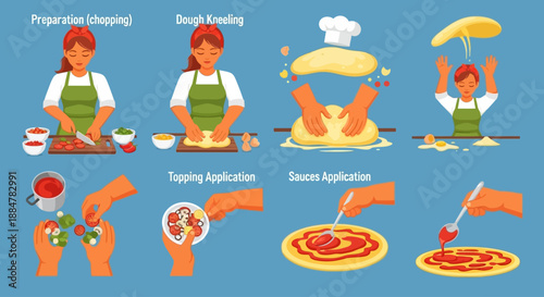 A chef prepares pizza dough, adds toppings, and applies sauce in a kitchen setting from various viewpoints