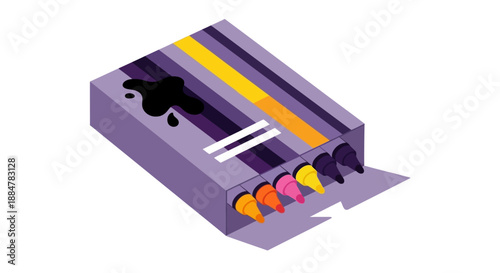Crayon box with colorful crayons spilling out, viewed from above on a simple background
