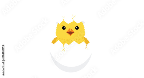 A cute cartoon baby chick with a curious expression, just hatched and peeking out from its broken eggshell.