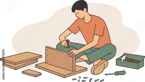 Calm Furniture Assembly. Quiet person assembles simple furniture on the floor, wooden panels and tools nearby, focused hands and