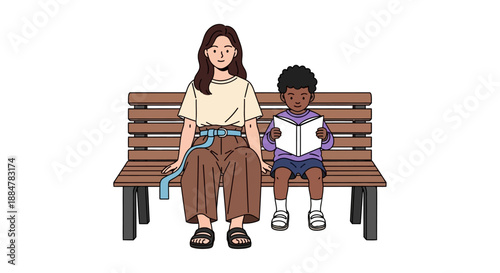 Woman and child sitting together on a park bench reading a book