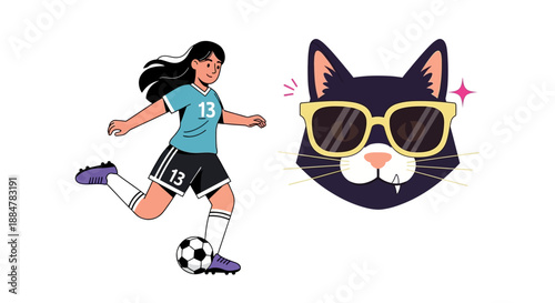 A young female soccer player kicks a ball while a large cartoon cat face with sunglasses looks on