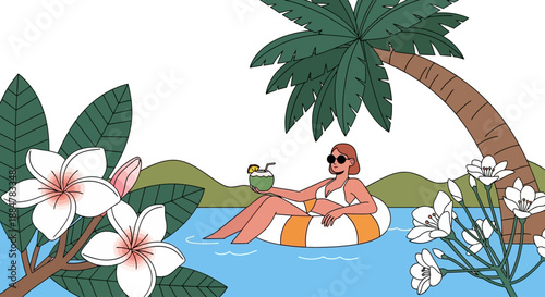 Woman relaxing on an inflatable raft in a serene tropical paradise surrounded by palm trees and flowers