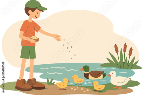 Child Feeding Ducks. Gentle kid feeds ducks near a pond, gentle toss of crumbs by calm water with reeds and ripples | flat vector,