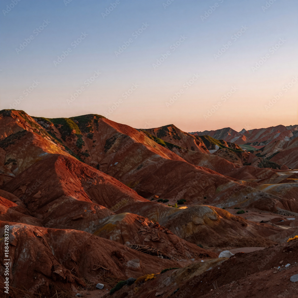Obraz premium A reddish-brown mountain range landscape at sunset, with clear sky and layered hills