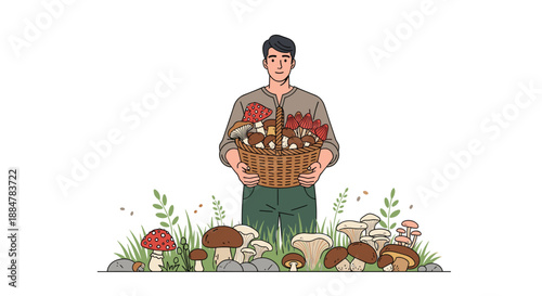 A friendly man holding a full basket of various mushrooms, with an assortment of fungi scattered on the ground around him, indicating a successful harvest.