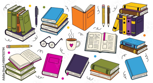 Collection of colorful cartoon books and stationery items arranged in a lively graphic illustration