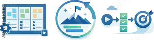 Organized Workflow Icons. Motivation-oriented scene illustrated via task boards, progress indicators, and workflow organization
