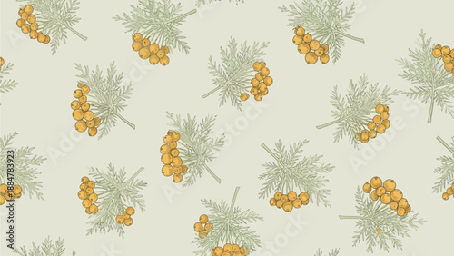 Seamless pattern with cplus, plants, and berries, viewed from directly above, showcasing a repeating design