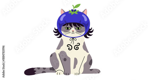 Digital illustration of a cat wearing a blue helmet with a green leaf, sitting on a white background from a front viewpoint