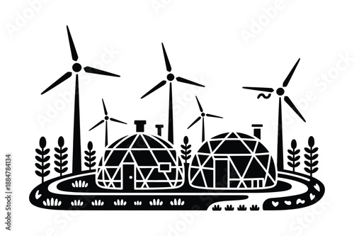 Geodesic domes and wind turbines, eco-friendly concept